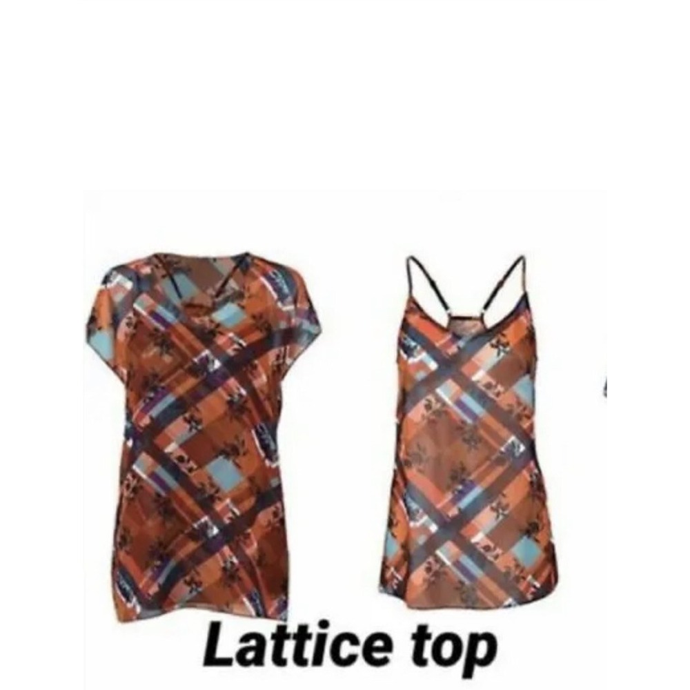 Cabi Small Lattice Top Cami 2PC 3773 Plaid Check Floral Burnt Orange Blue